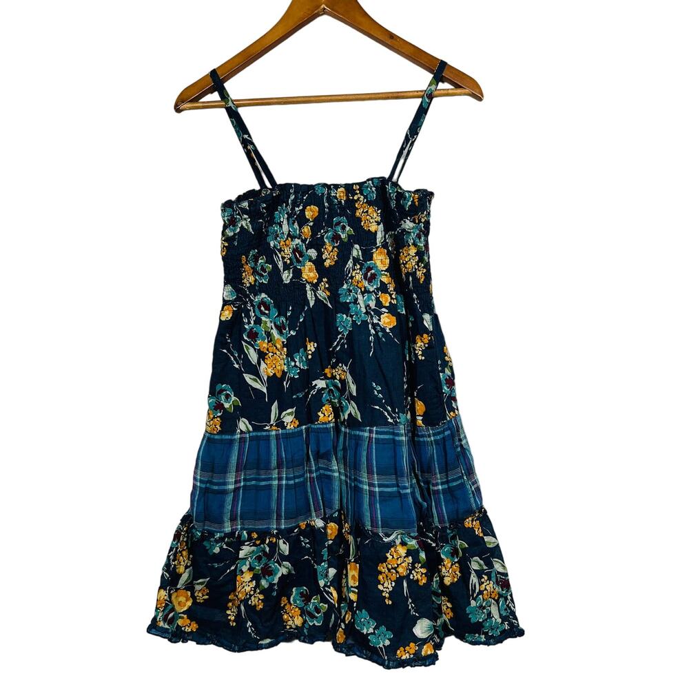 Mossimo Y2K Smocked Summer Dress Plaid Floral Mix Blue - M